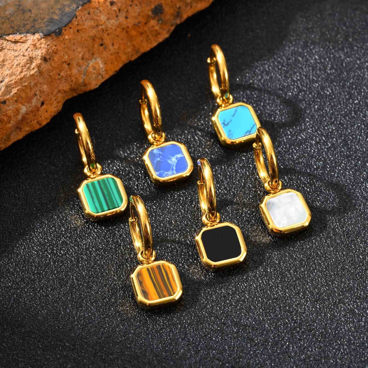 Kemstone Men & Women’s Stainless Steel Square Drop Earrings – Shell, Tiger Eye, Malachite ED-936