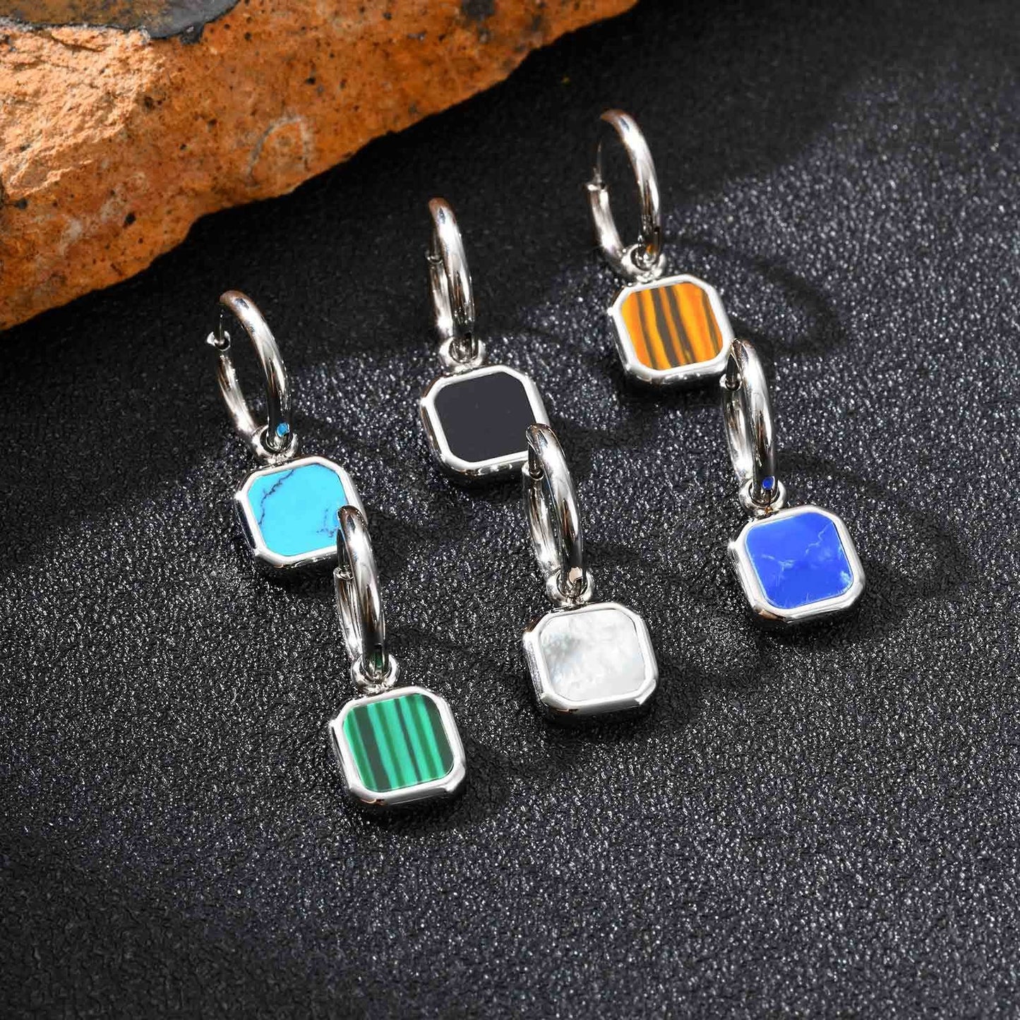 Kemstone Men & Women’s Stainless Steel Square Drop Earrings – Shell, Tiger Eye, Malachite ED-936
