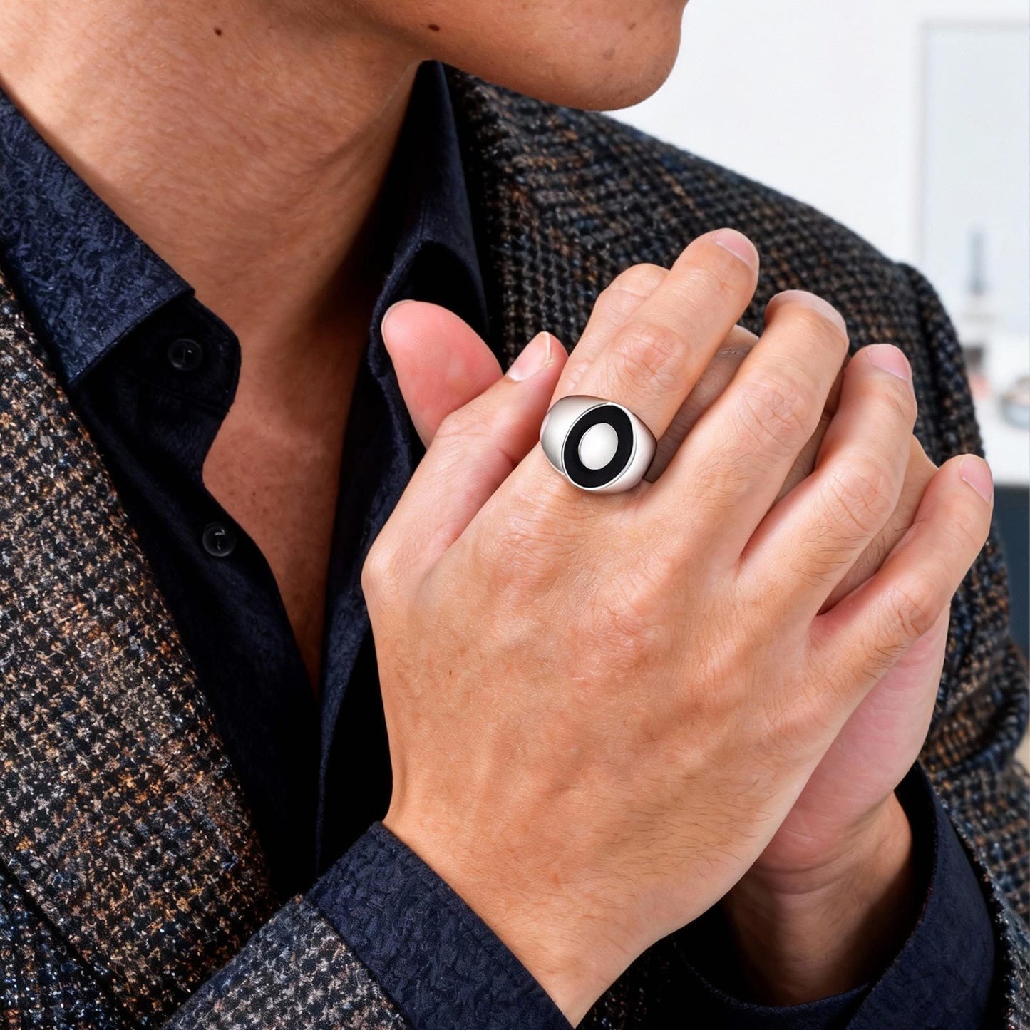 Kemstone Stainless Steel Oval Signet Ring with Black Enamel RC-948