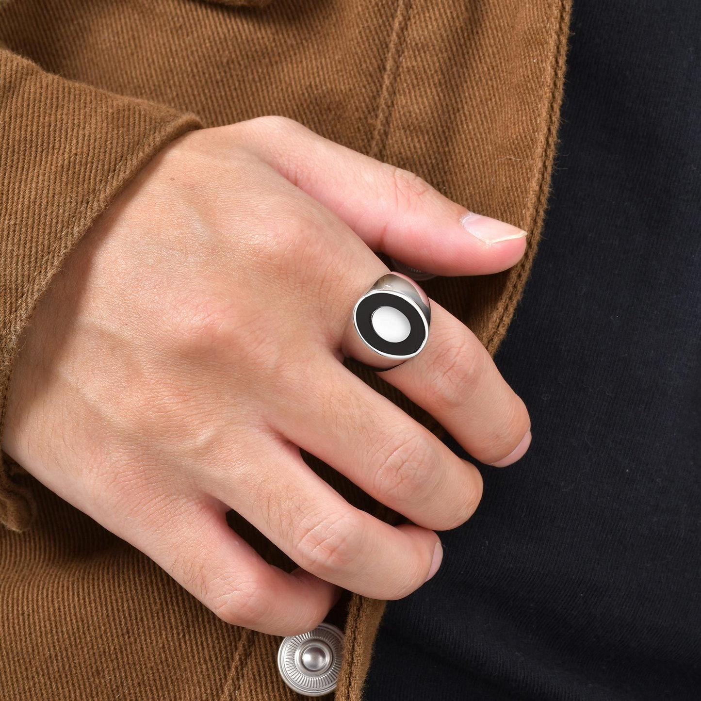 Kemstone Stainless Steel Oval Signet Ring with Black Enamel RC-948
