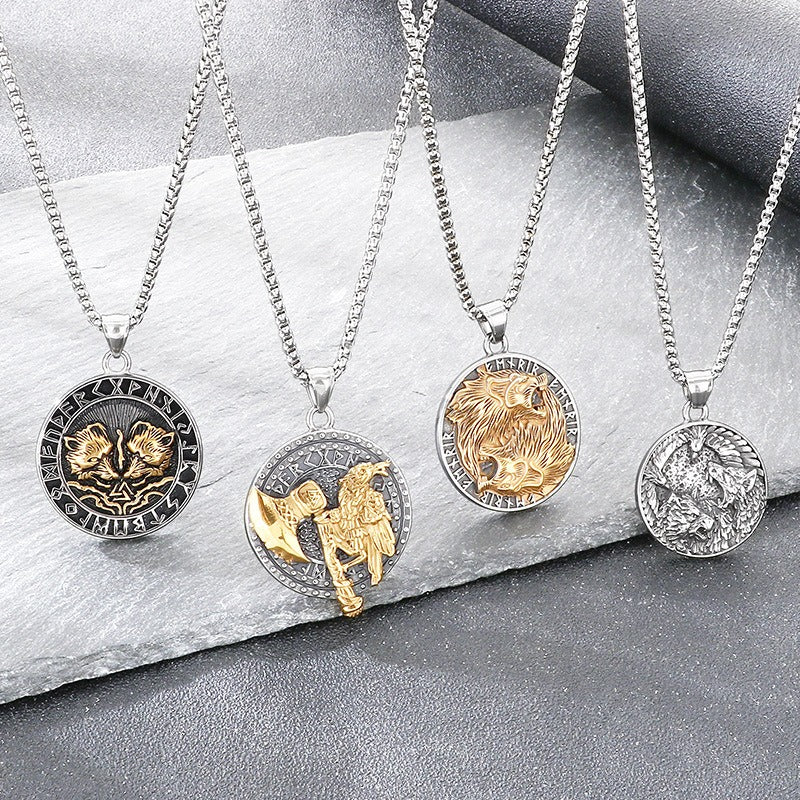 Kemstone Viking Axe Raven Wolf Pendant Necklace Stainless Steel - Rune Coin Norse Style Men KP117708-LU