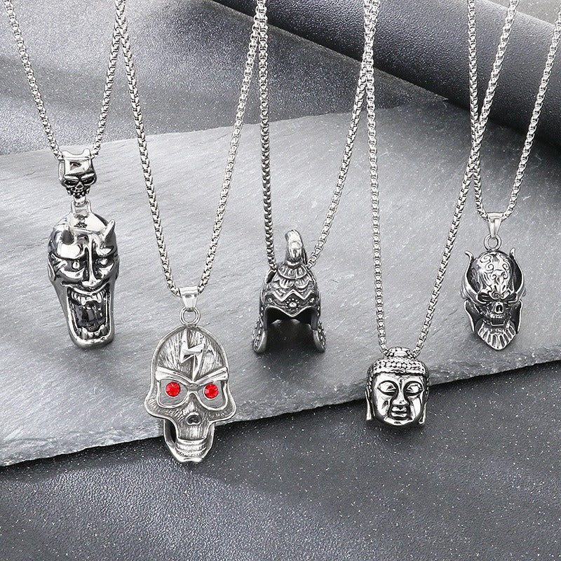 Kemstone Skull Pendant Necklace Titanium Steel Viking Helmet Design for Men Silver KP117049-LU