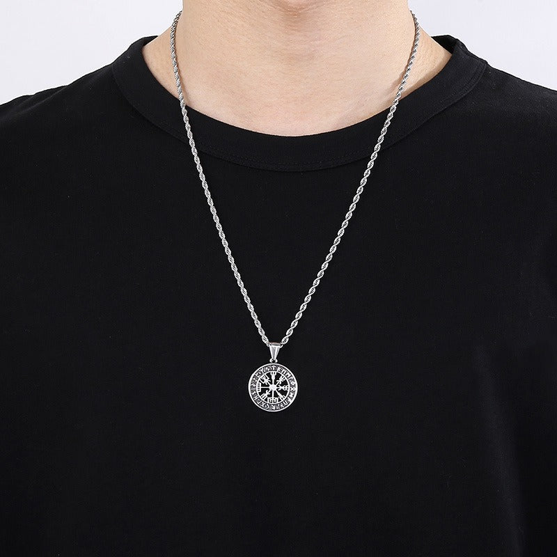 Kemstone Titanium Steel Viking Rune Compass Pendant Necklace – Norse Symbol Style for Men KP119874-MI