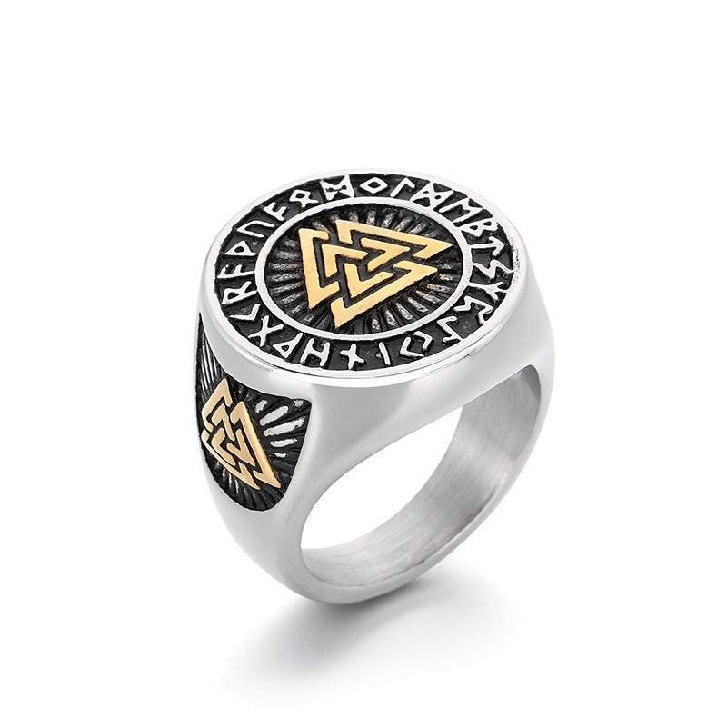 Kemstone Viking Rune Signet Ring for Men Titanium Steel Compass Celtic Knot Wide Band Silver Gold KR114478-MZOZ