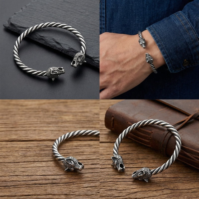 Kemstone Stainless Steel Viking Wolf Skull Cuff Bracelet for Men Twisted Rope Open Bangle KB96851-BD