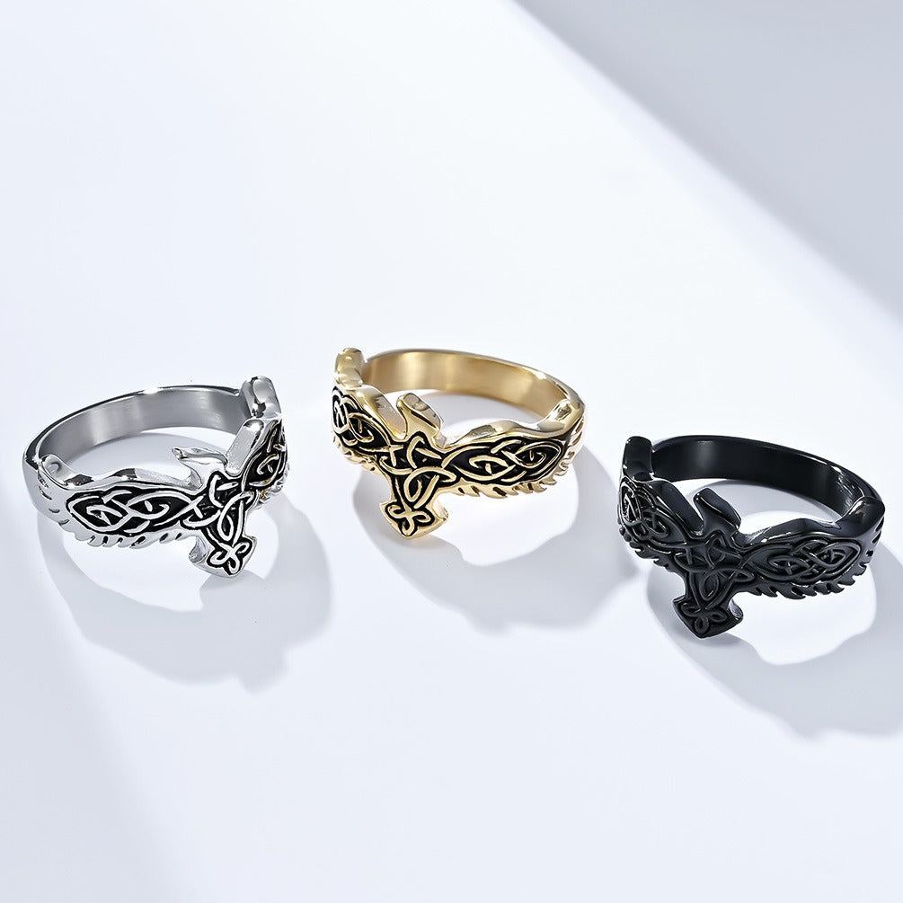 Kemstone Titanium Steel Celtic Eagle Knot Ring for Men, Vintage Symbolic Band, Silver/Gold/Black K-R718