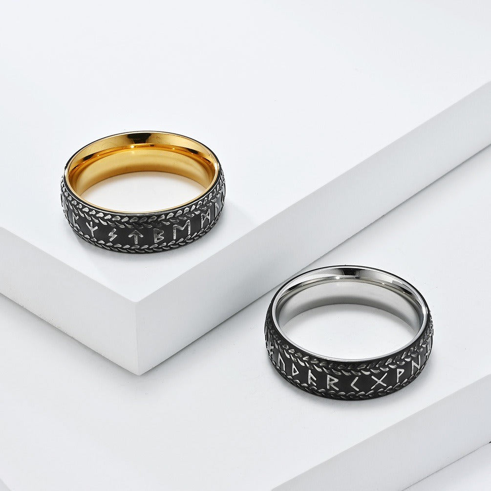 Kemstone Titanium Steel Viking Rune Ring for Men, Vintage Norse Band, Gold/Silver  K-R980