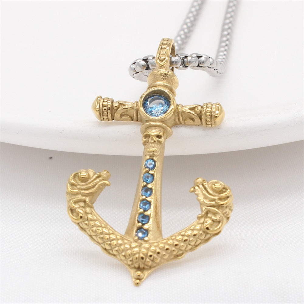 Kemstone Titanium Steel Anchor Pendant Necklace for Men with Cubic Zirconia – Gold & Silver P1411
