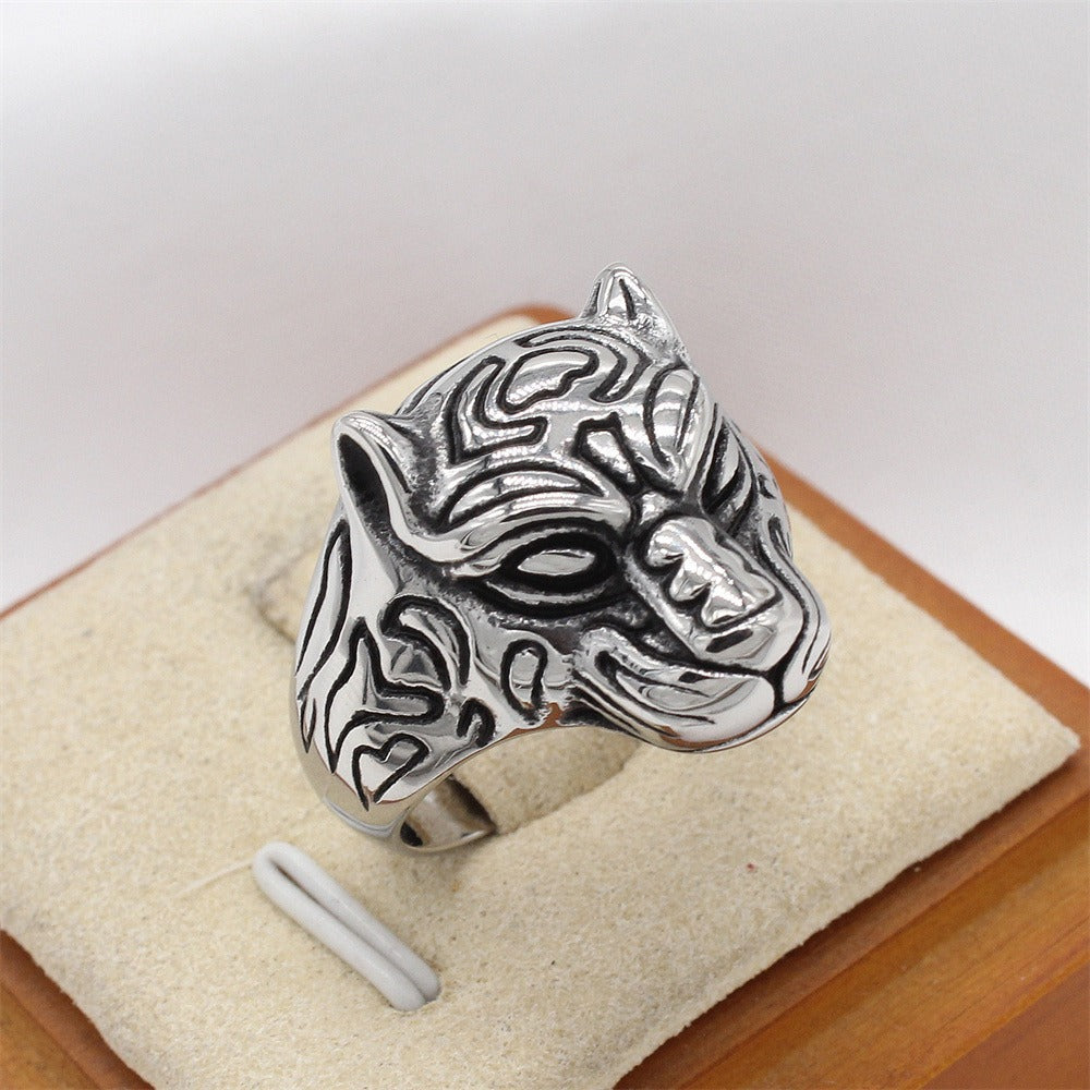 Kemstone Titanium Steel Panther Head Ring for Men Vintage Animal Signet Silver R1873