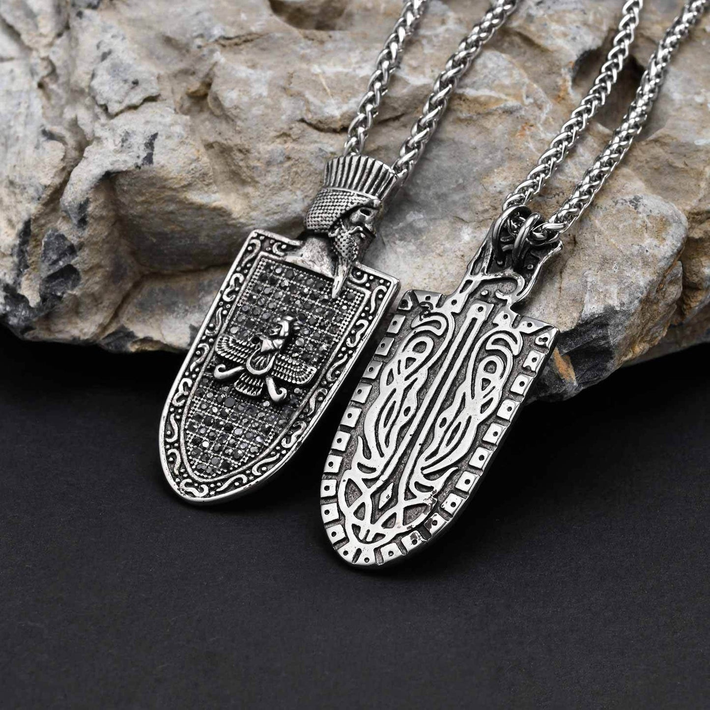 Kemstone Stainless Steel Shield Pendant Necklace for Men – Gun Black, Vintage Armor PN-2261