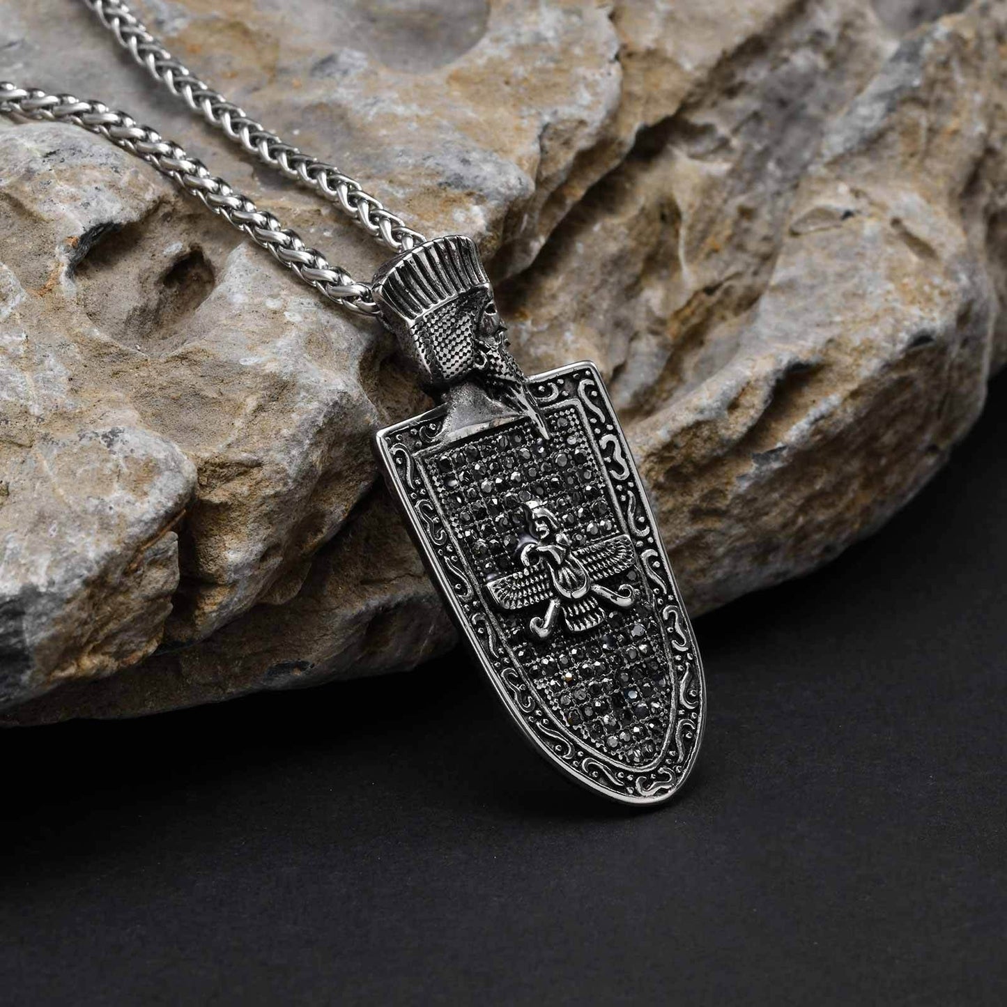 Kemstone Stainless Steel Shield Pendant Necklace for Men – Gun Black, Vintage Armor PN-2261