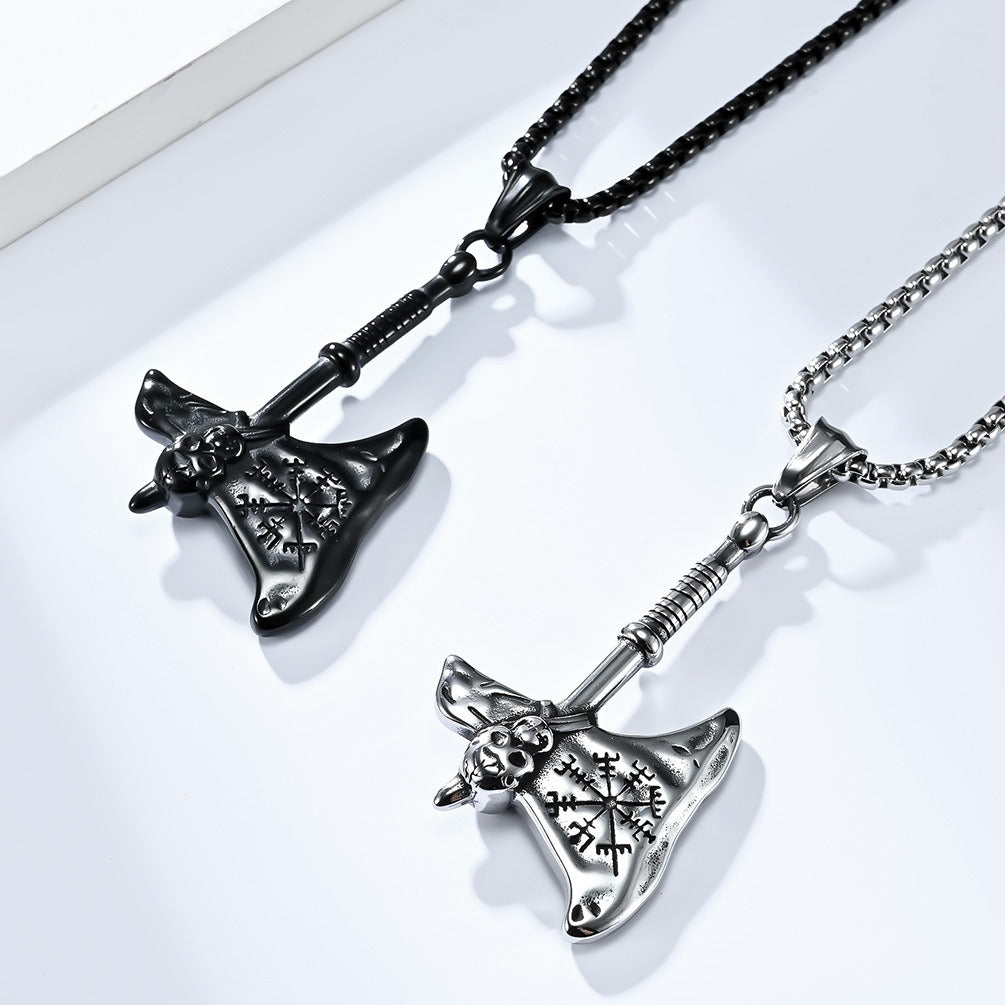 Kemstone Stainless Steel Nordic Axe Pendant Necklace for Men Skull Detail K-PT472