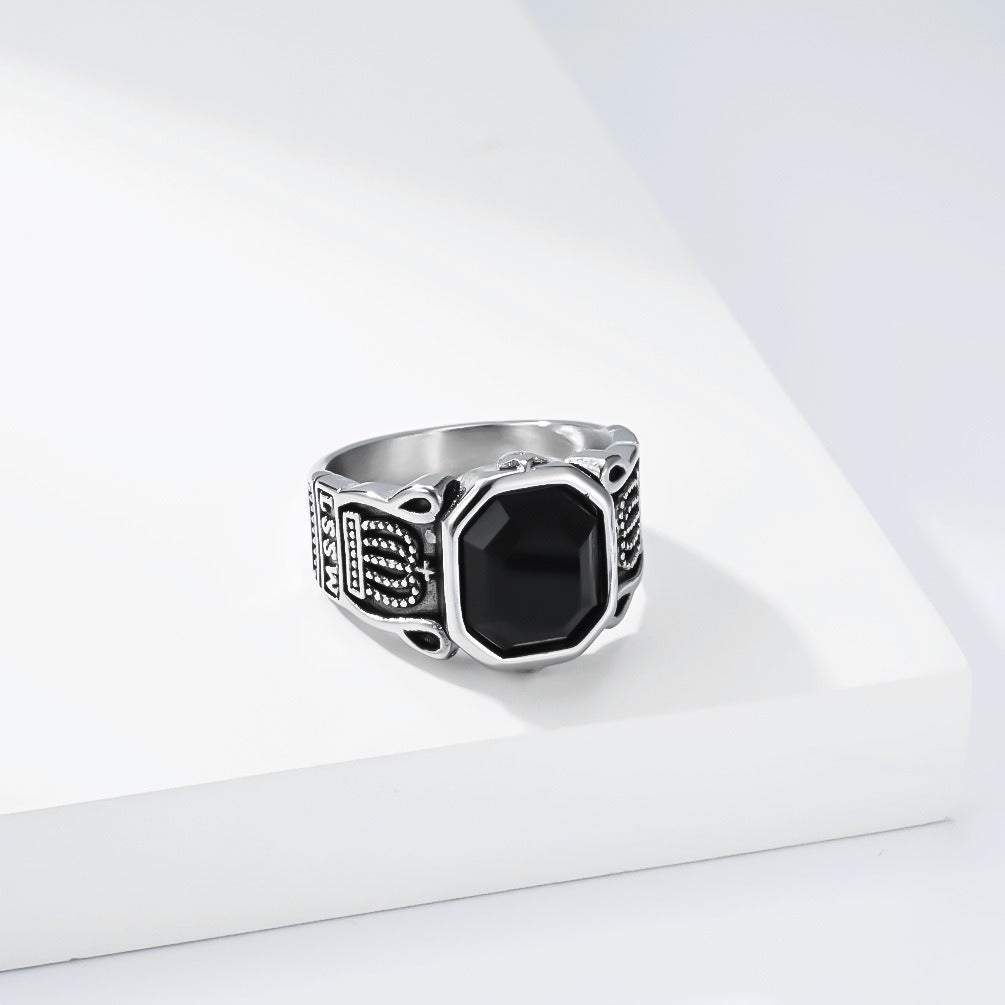 Kemstone Black Stone Signet Ring for Men Stainless Steel Crown Detail Vintage Silver Gold K-R1144