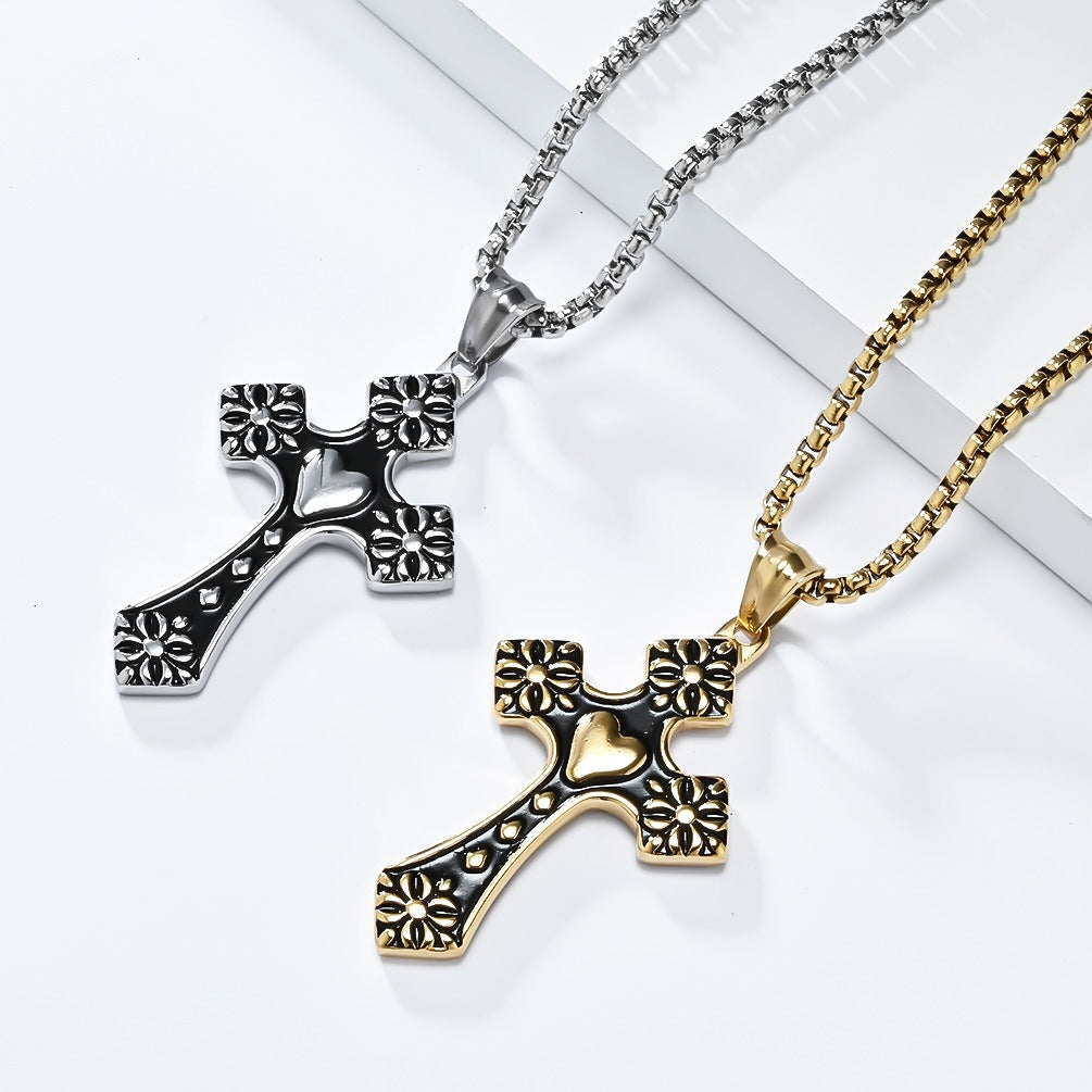 Kemstone Stainless Steel Heart Cross Pendant Necklace for Men Vintage Black Silver K-PT568