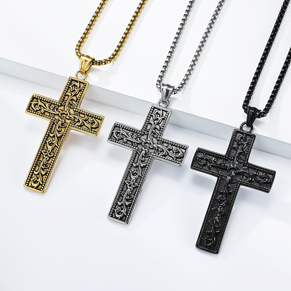 Kemstone Vintage Floral Engraved Cross Stainless Steel Pendant Necklace for Men K-PT703