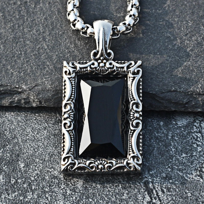 Kemstone Black Stone Pendant Necklace for Men Titanium Steel Vintage Frame P0791