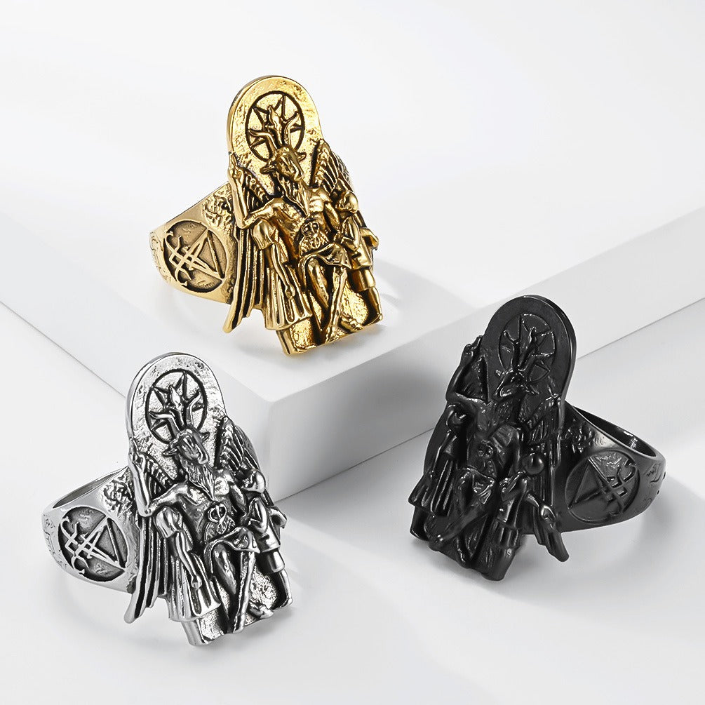 Kemstone Stainless Steel Goat Head Signet Ring – Gothic Vintage Style for Men K-R1154