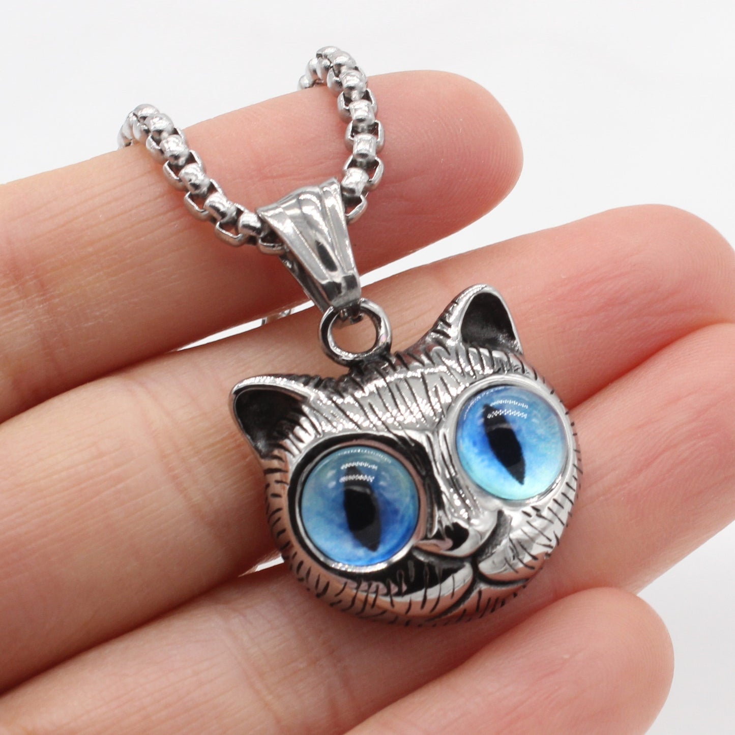 Kemston Blue Eyed Cat Pendant Necklace for Men Titanium Steel Vintage P1458