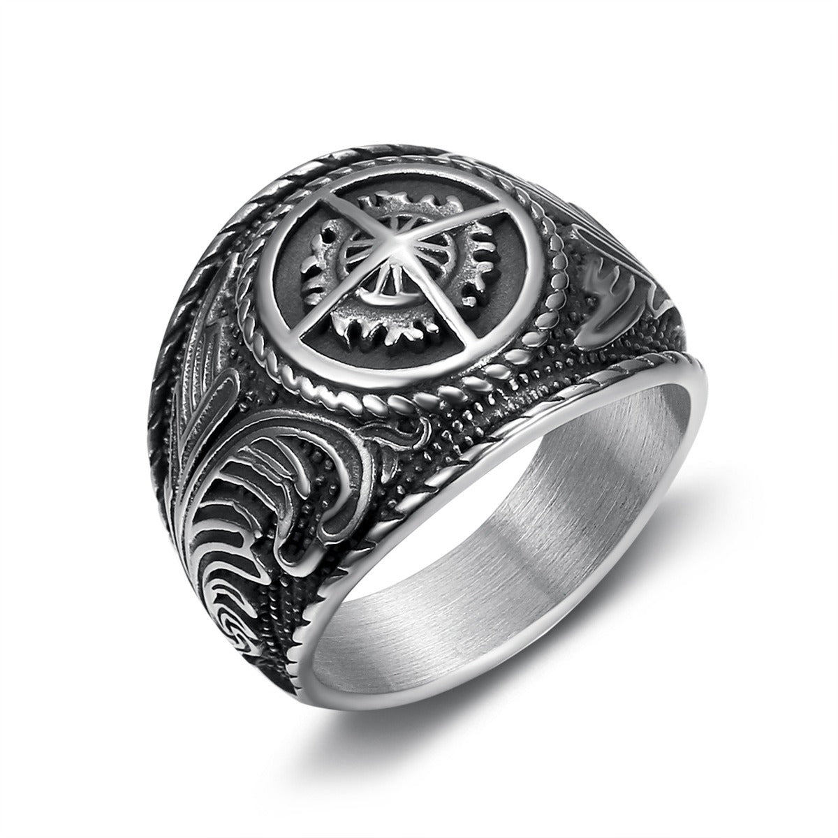 Kemstone  Stainless Steel Vintage Compass Ring for Men Sunburst Design TR0412