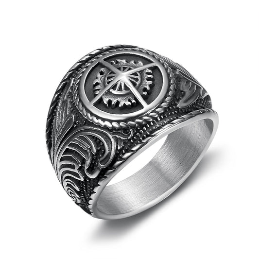 Kemstone  Stainless Steel Vintage Compass Ring for Men Sunburst Design TR0412