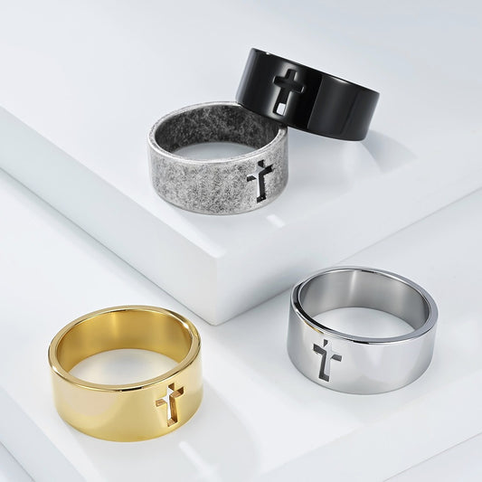 Kemstone Stainless Steel Cross Ring – Vintage Wide Design for Men & Women K-R1112
