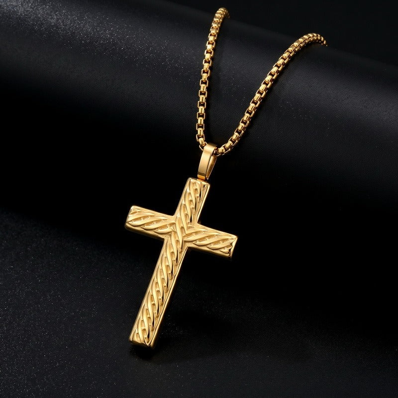 Kemstone Titanium Steel Twisted Cross Pendant Necklace for Men Vintage Rope Texture Chain KN302498-GC