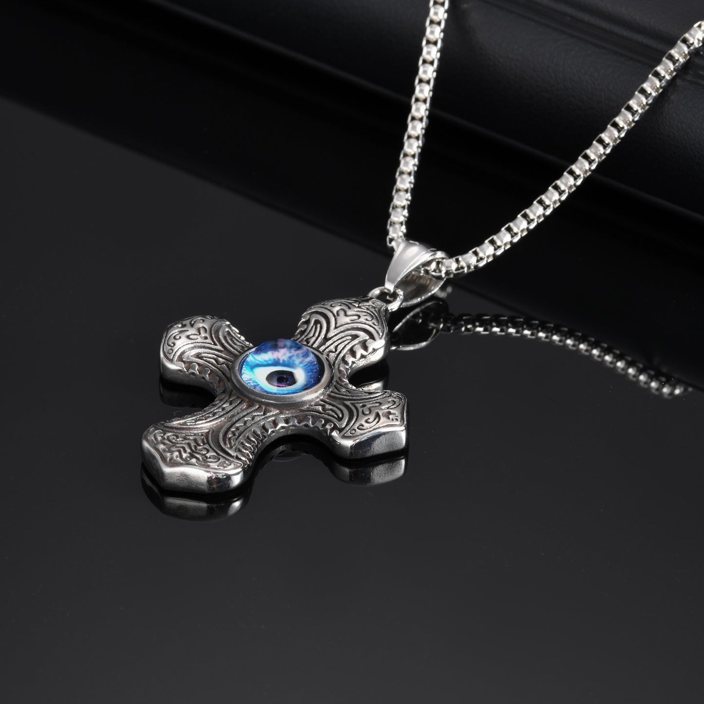 Kemstone Stainless Steel Cross Pendant Necklace – Blue Symbol Detail for Men PN-2150