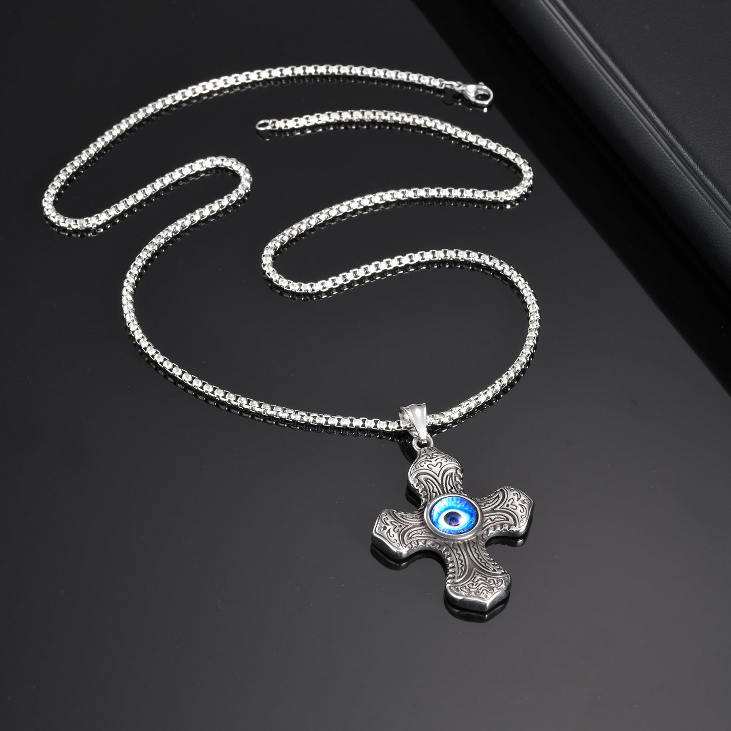 Kemstone Stainless Steel Cross Pendant Necklace – Blue Symbol Detail for Men PN-2150