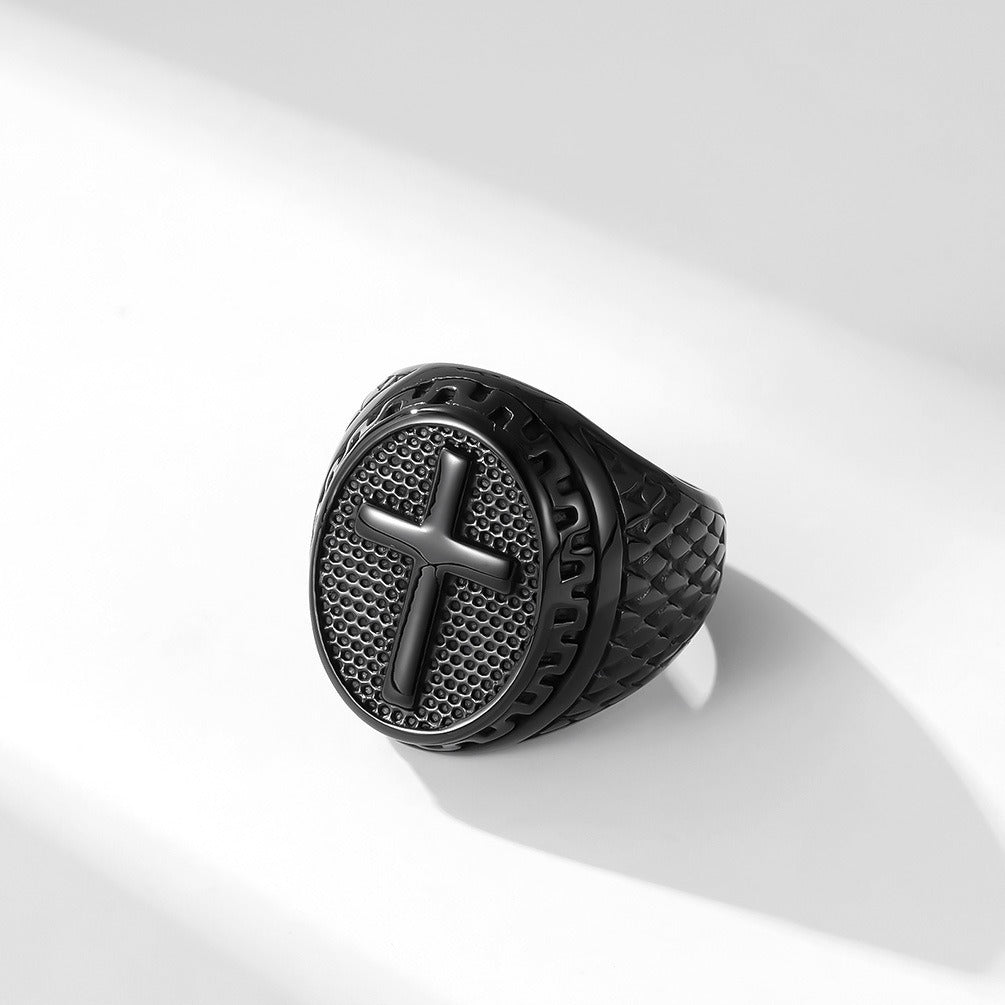 Kemstone Stainless Steel Cross Signet Ring – Engraved Vintage Surface K-R650