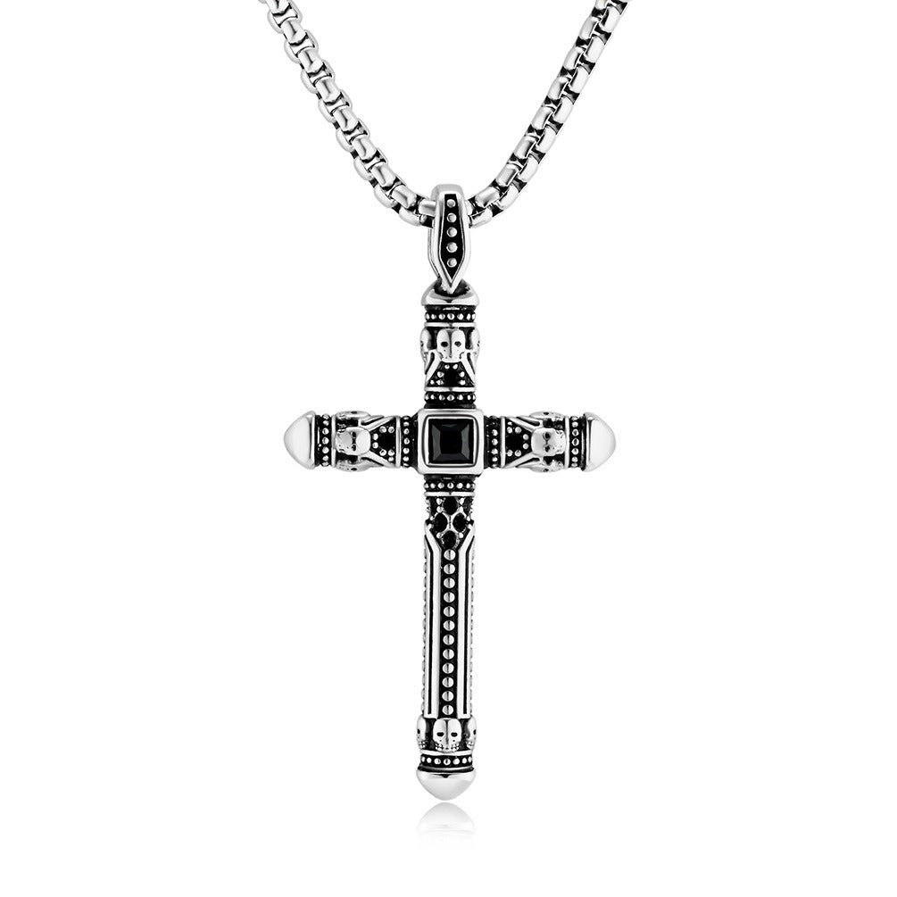 Kemstone Vintage Cross-Shape Stainless Steel Pendant Necklace for Men – Black Stone Inlay K-PT565