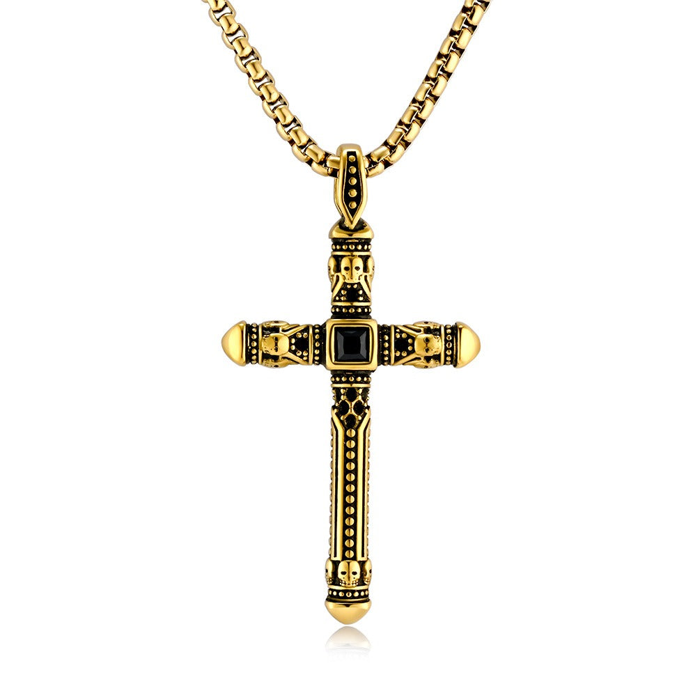 Kemstone Vintage Cross-Shape Stainless Steel Pendant Necklace for Men – Black Stone Inlay K-PT565