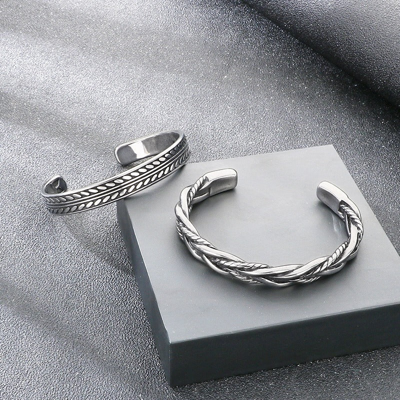 Kemstone Titanium Steel Leaf Braided Cuff Bracelet Vintage Open Style for Men KB209293-LU