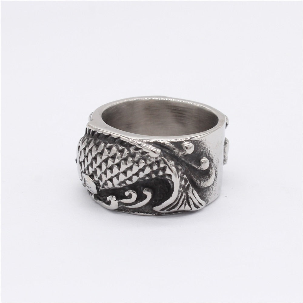 Kemston Titanium Steel Double Koi Fish Ring for Men Vintage R1375