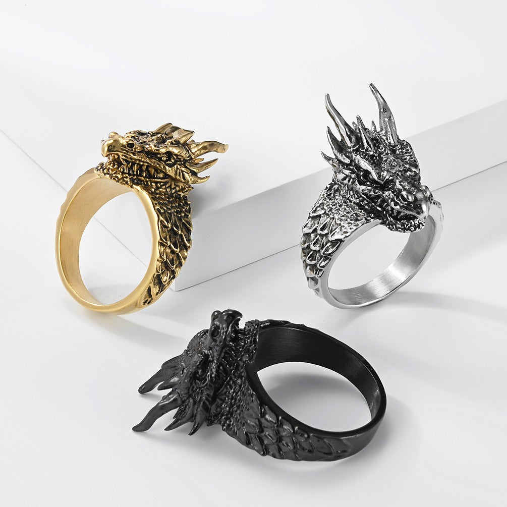 Kemstone Stainless Steel Dragon Head Ring – Gothic Vintage Style for Men K-R1150