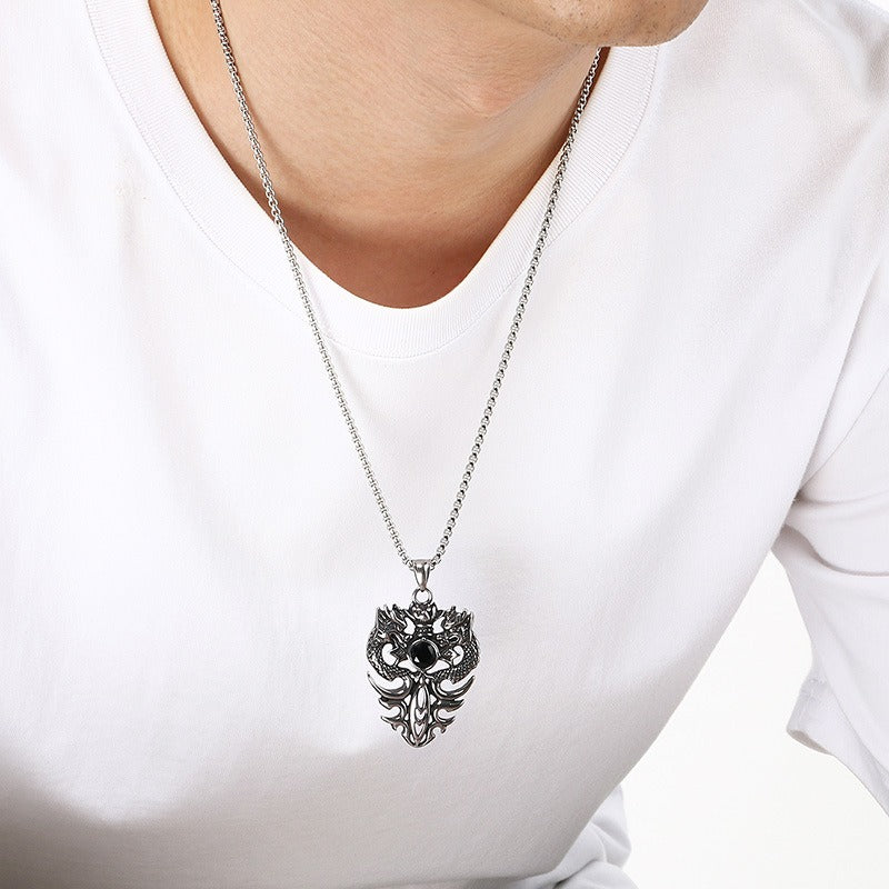Kemstone Vintage Double Dragon Pendant Necklace Titanium Steel Sword with Cubic Zirconia for Men KP117722-LU