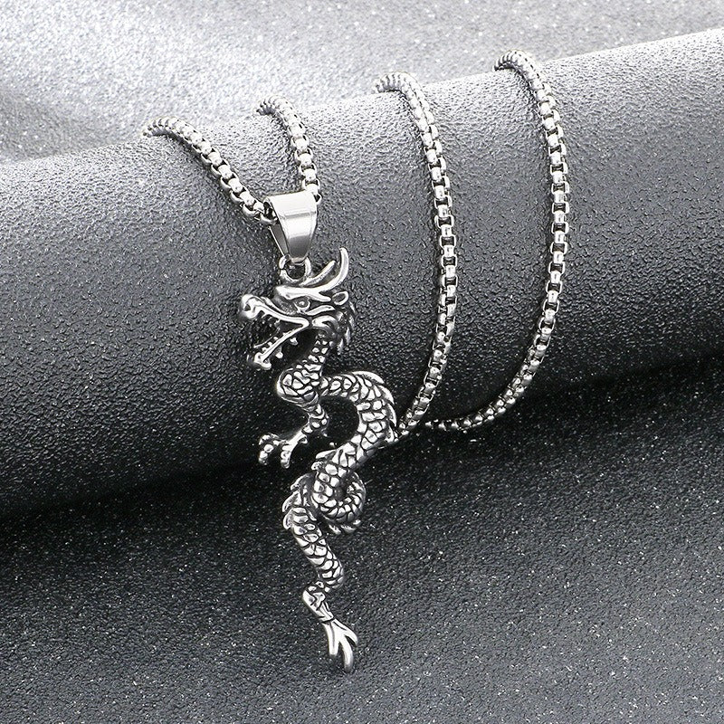 Kemstone Dragon Pendant Necklace for Men Titanium Steel Vintage Oxidized Silver Animal Chain KP117731-LU