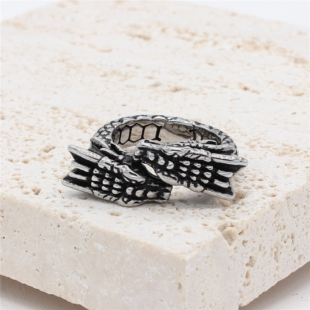 Kemstone Double Dragon Head Ring for Men Titanium Steel Vintage R1105