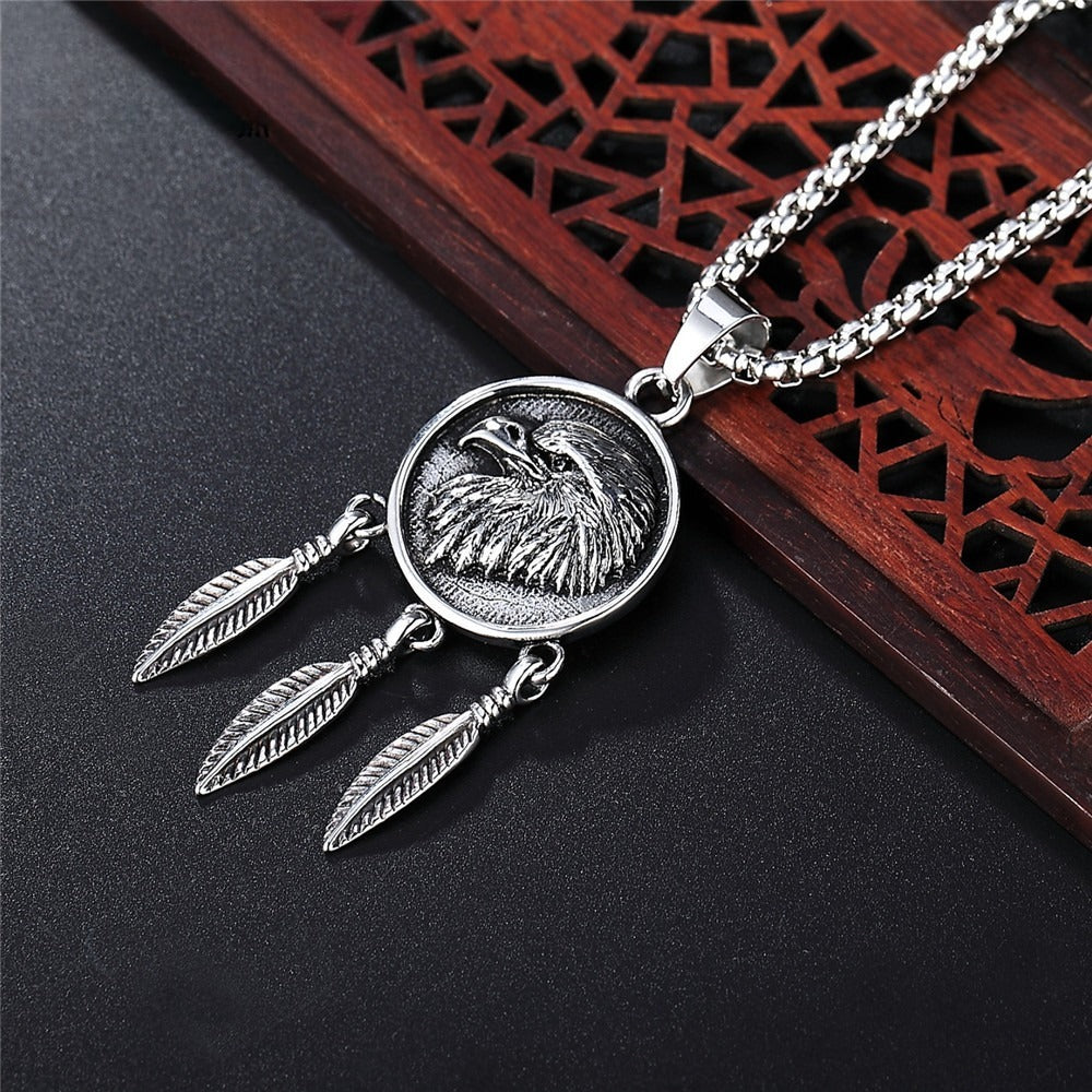 Kemstone Titanium Steel Eagle Feather Pendant Necklace for Men Vintage Round Medallion Silver P0276
