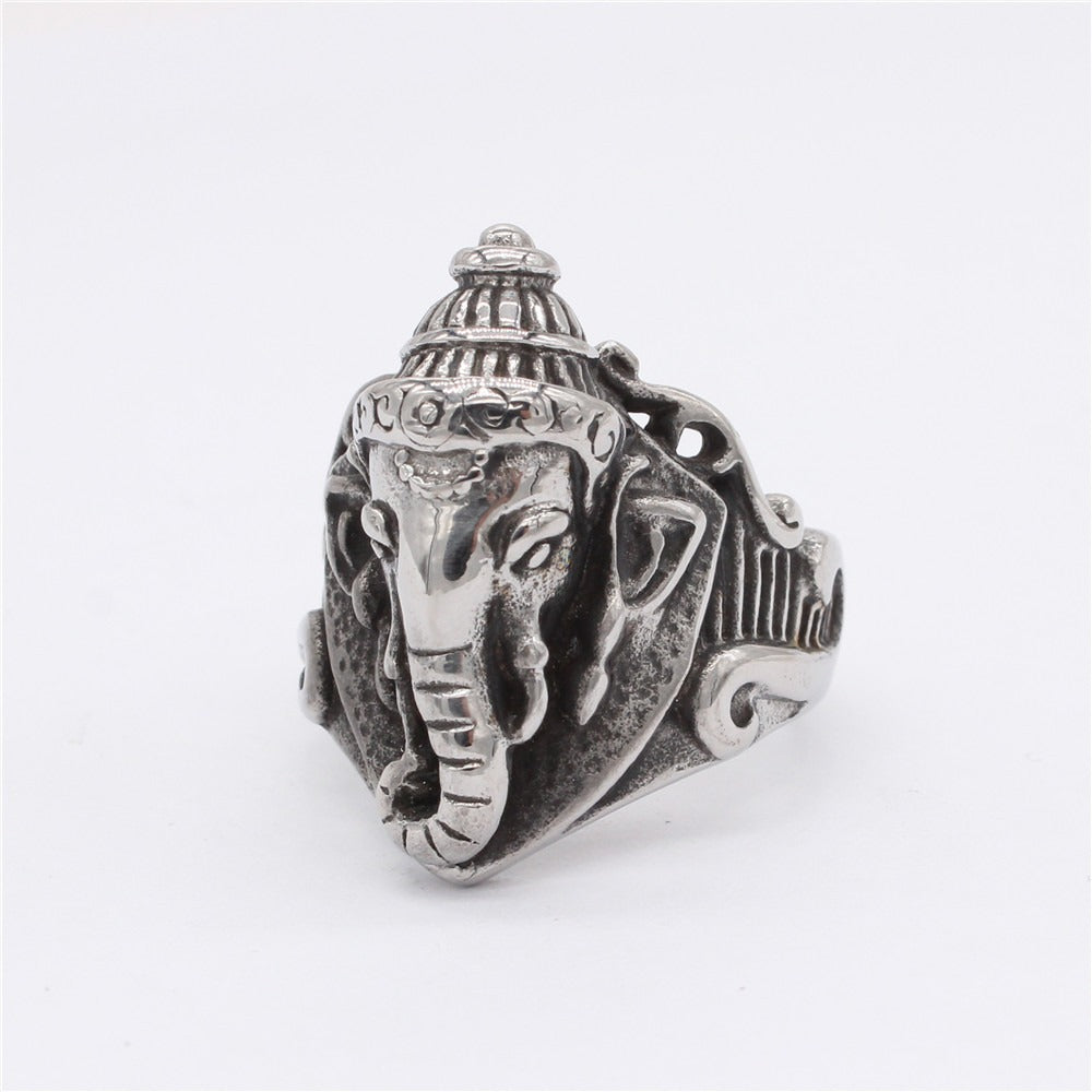 Kemstone Titanium Steel Elephant Signet Ring for Men Vintage Symbol Design R1381