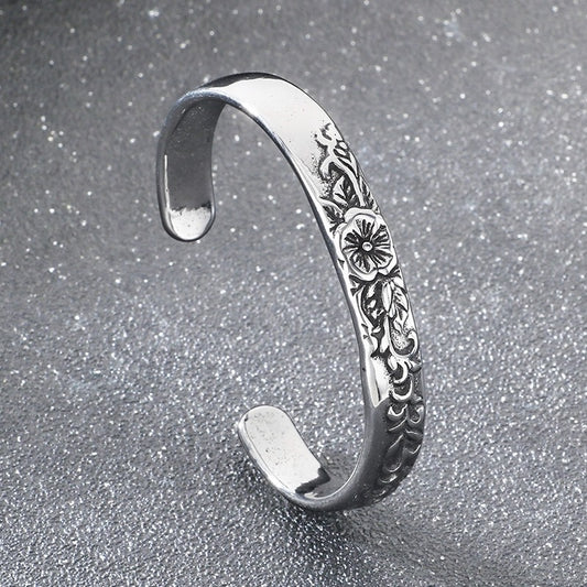 Kemstone Vintage Floral Engraved Titanium Steel Cuff Bracelet – Open Design for Men & Women KB209296-LU