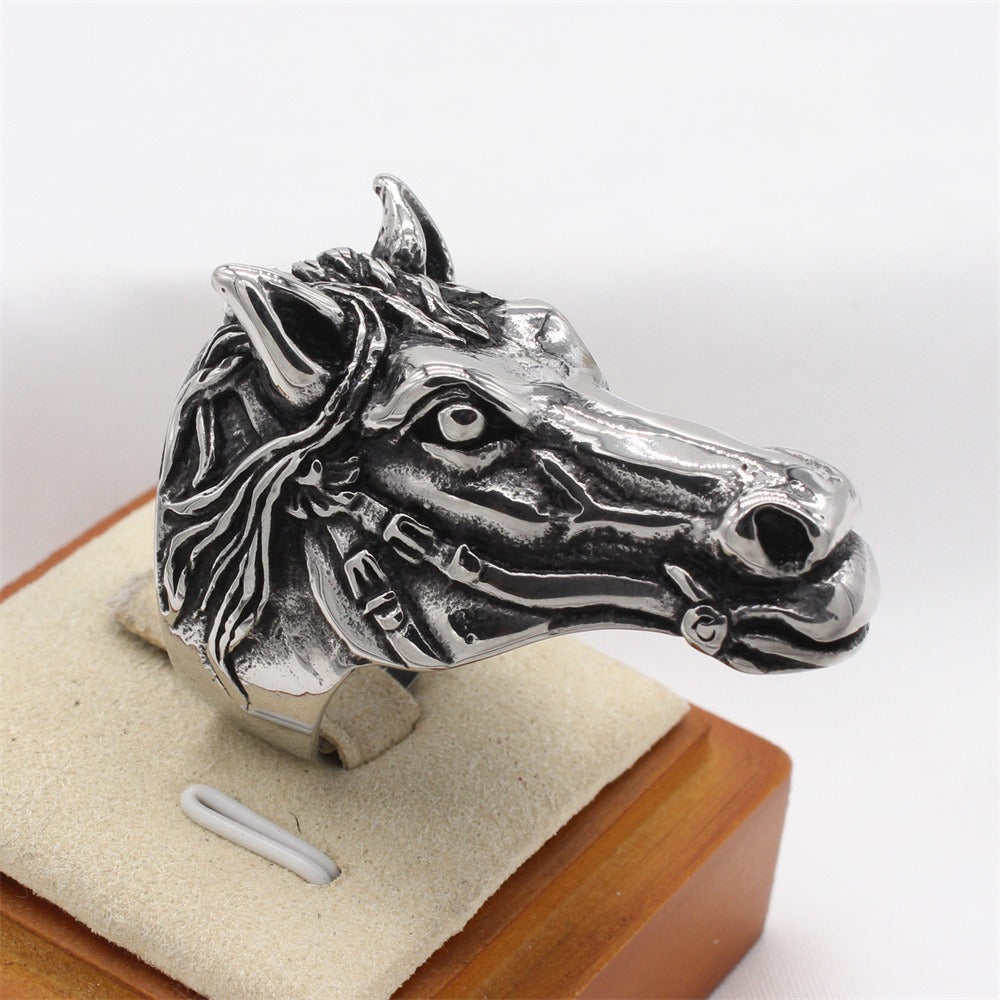 Kemston Sculpted Horse Head Ring for Men Titanium Steel Western R1755