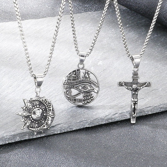 Kemstone Vintage Eye Sun Cross Pendant Necklace Titanium Steel for Men KP117909-MZOZ