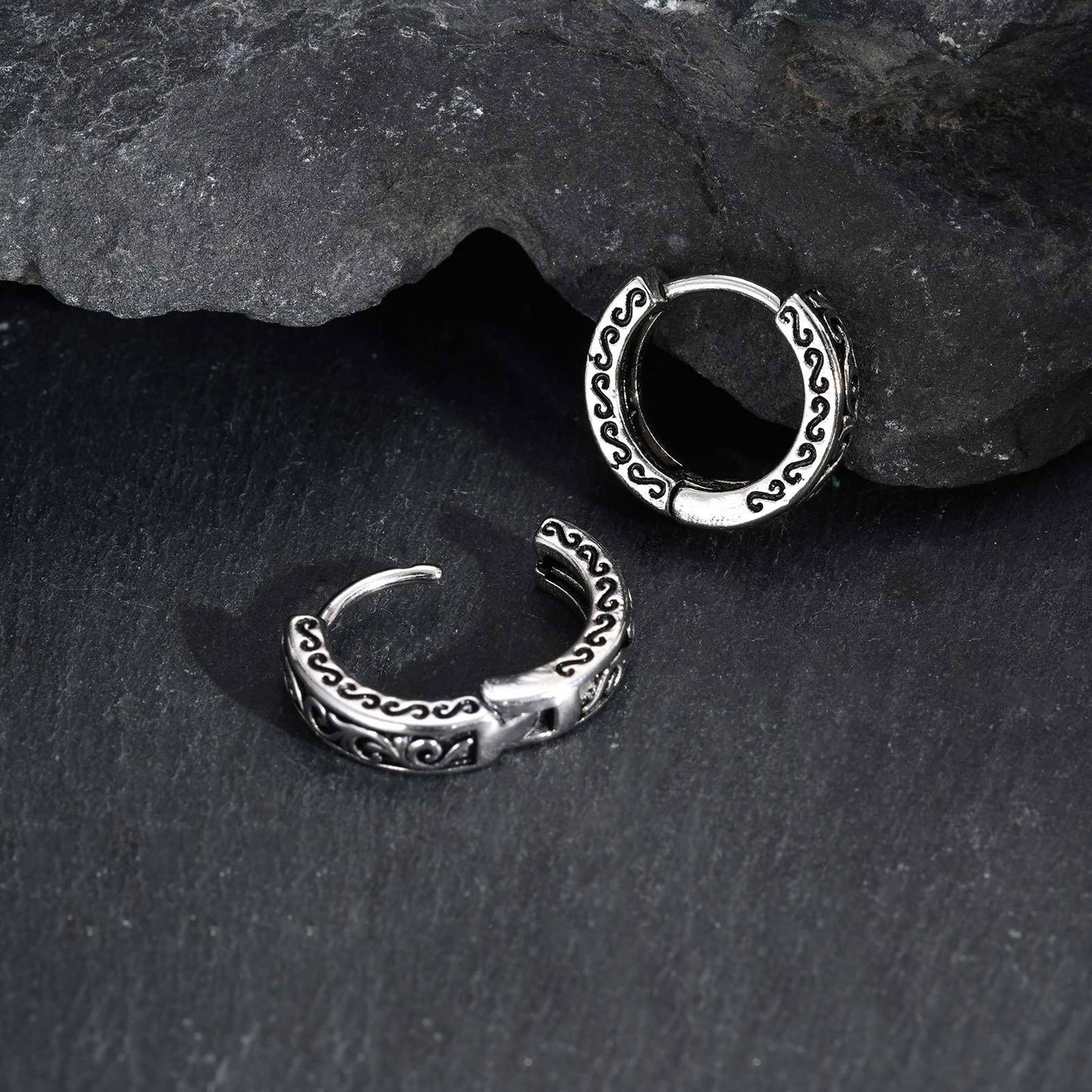 Kemstone Stainless Steel Hoop Earrings for Men – Vintage Floral Pattern EH-839