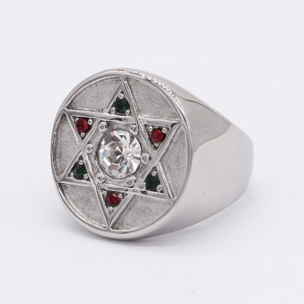 Kemston Titanium Steel Six Point Star Signet Ring for Men R1484