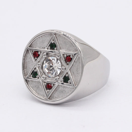 Kemston Titanium Steel Six Point Star Signet Ring for Men R1484