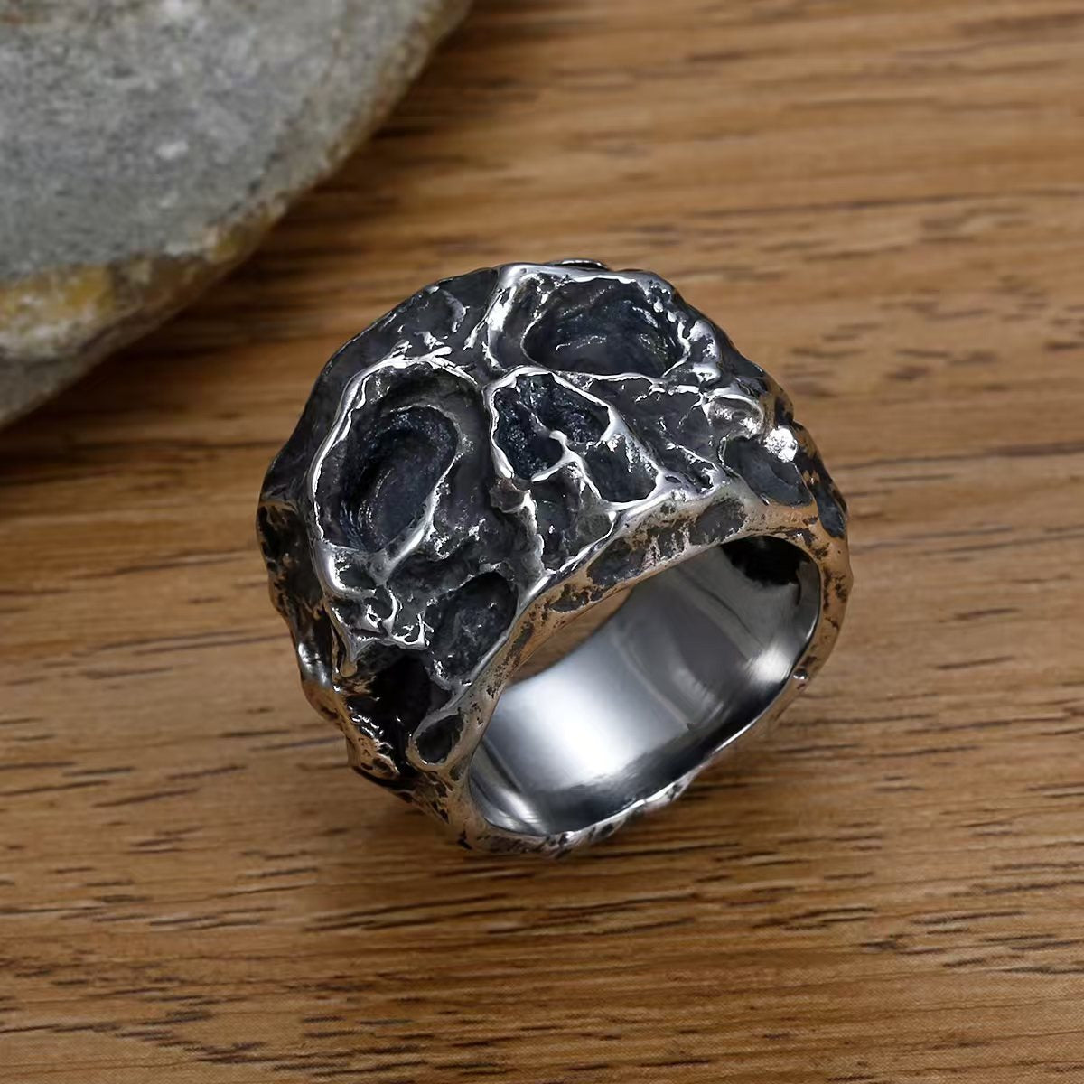 Kemstone Textured Skull Ring for Men Stainless Steel Wide Band TR0502