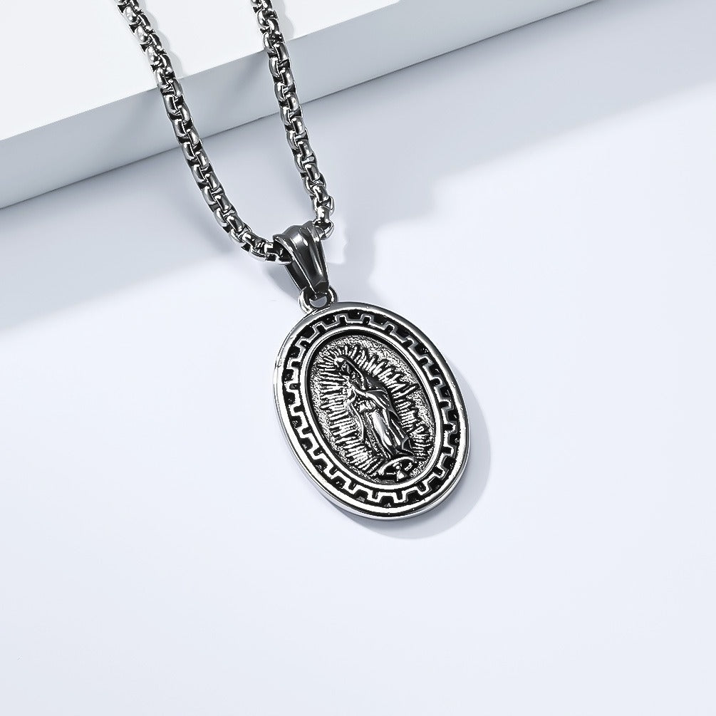 Kemstone Stainless Steel Guardian Figure Oval Pendant Necklace for Men K-PT689