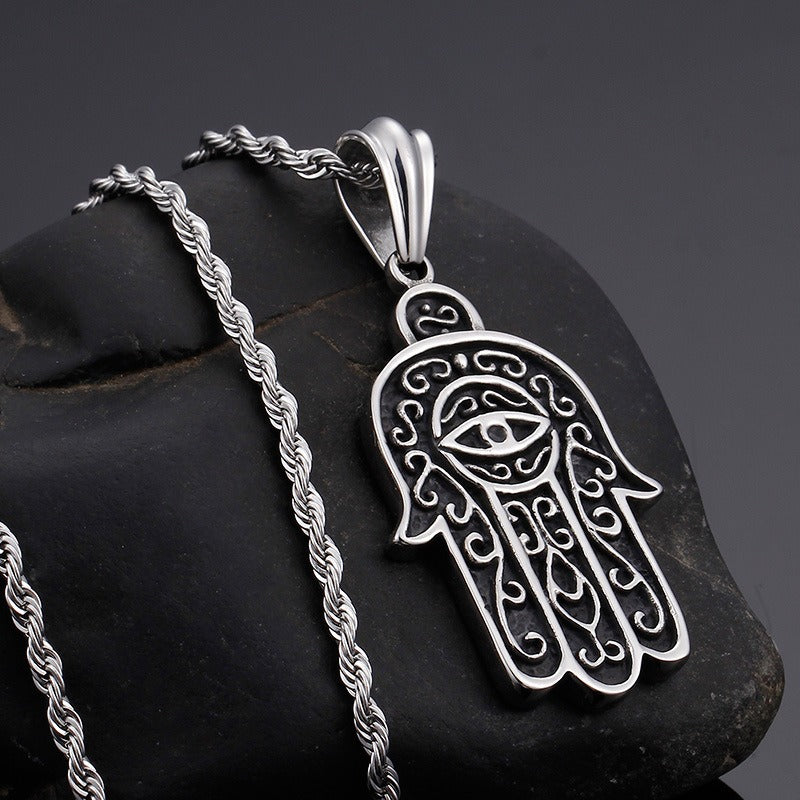 Kemstone Titanium Steel Hamsa Hand Mystic Eye Pendant Necklace for Men KP52755-BD