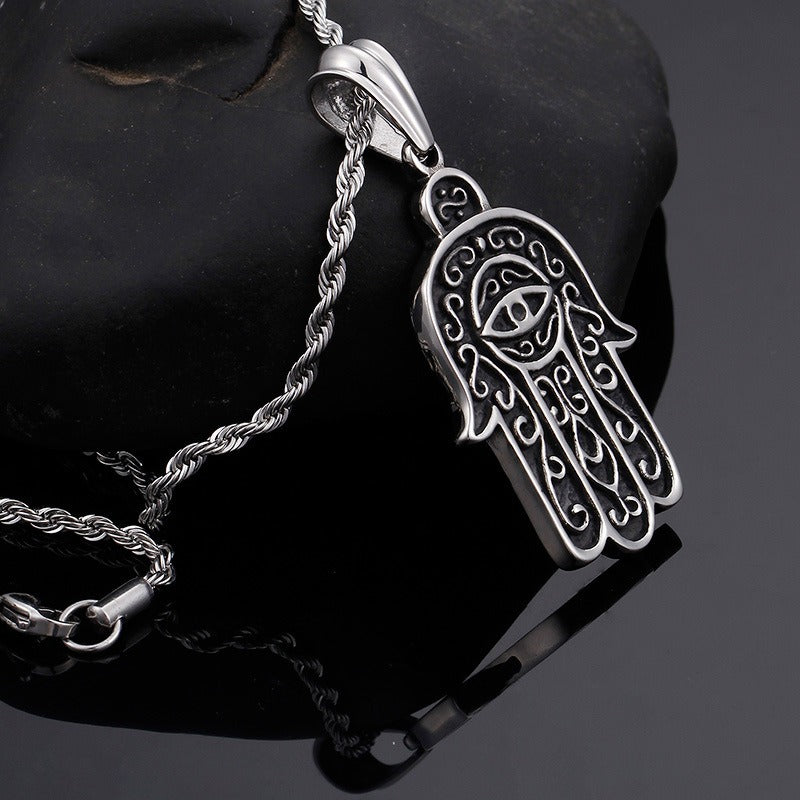 Kemstone Titanium Steel Hamsa Hand Mystic Eye Pendant Necklace for Men KP52755-BD