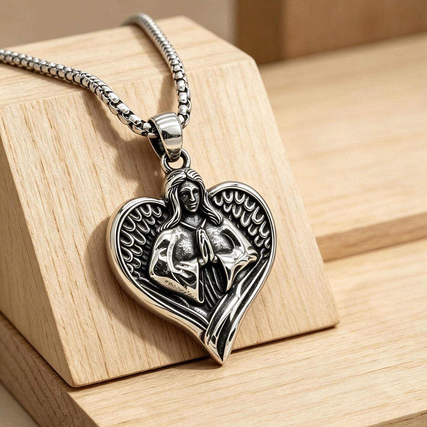 Kemstone Titanium Steel Winged Figure Heart Pendant Necklace for Men Vintage Silver P1555